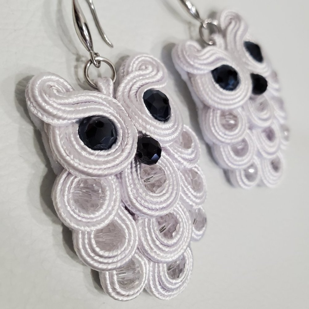 White Owls handmade soutache earrings